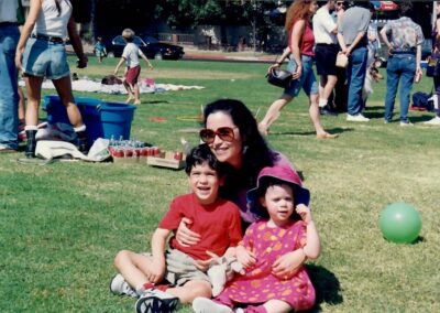 Beverly Hills High School Class of 1974 20th reunion picnic. Pictured are Gayle Ehrenhalt and her children.